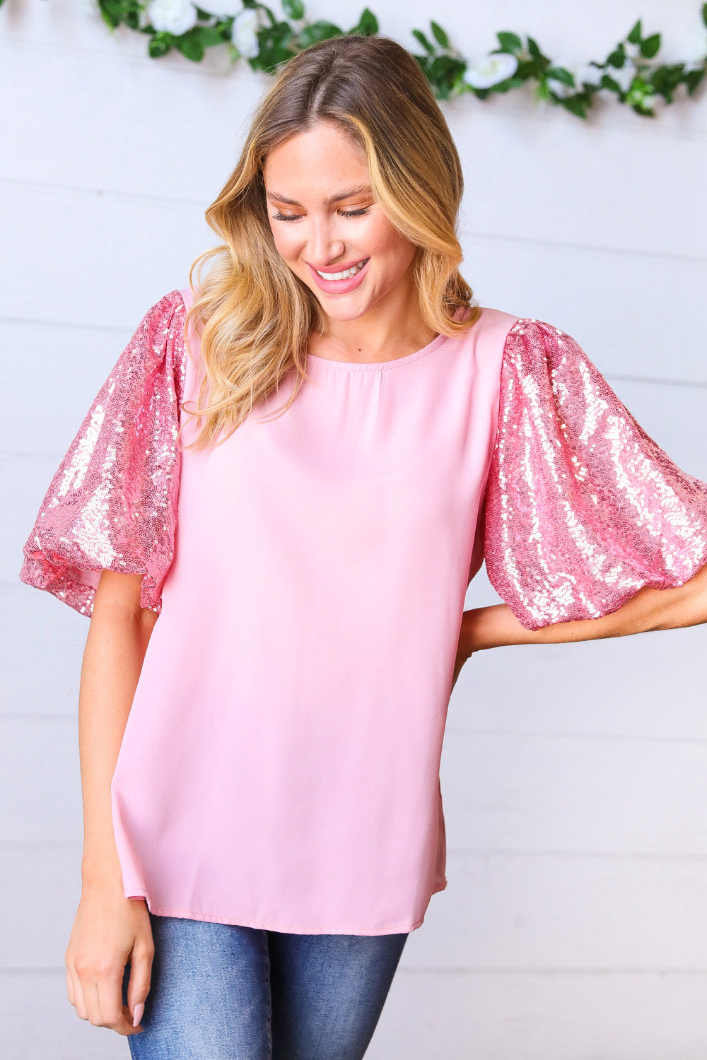 Pink Sequin Puff Sleeve Woven Top