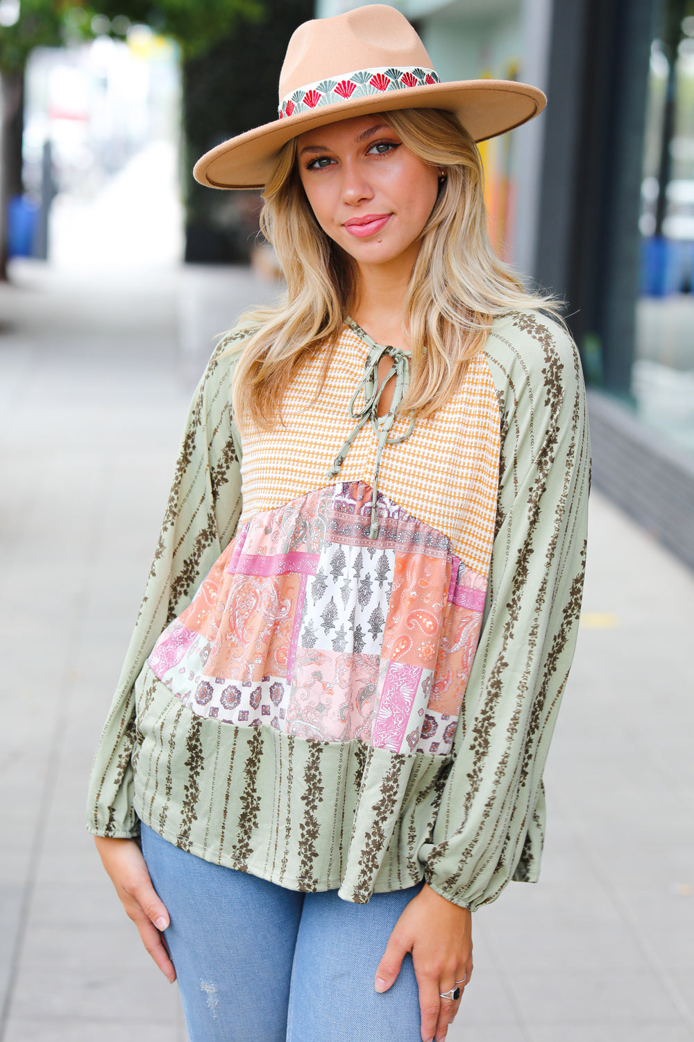 Olive & Mustard Boho Two Tone Tiered Babydoll Top