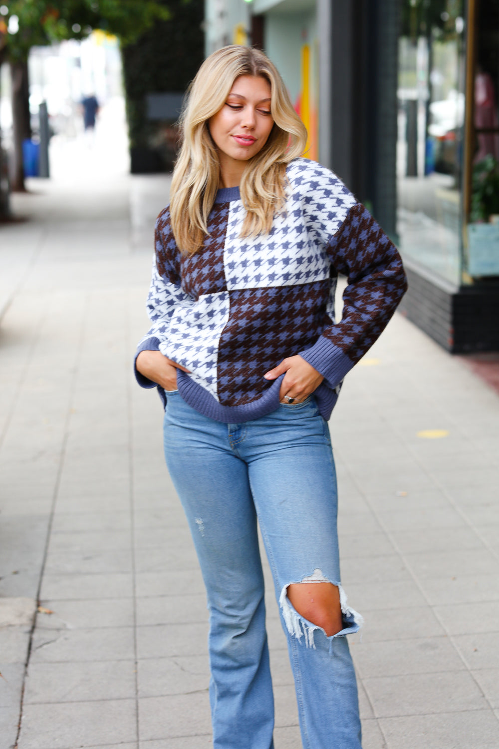 Blue & White Four Block Abstract Print Ribbed Sweater