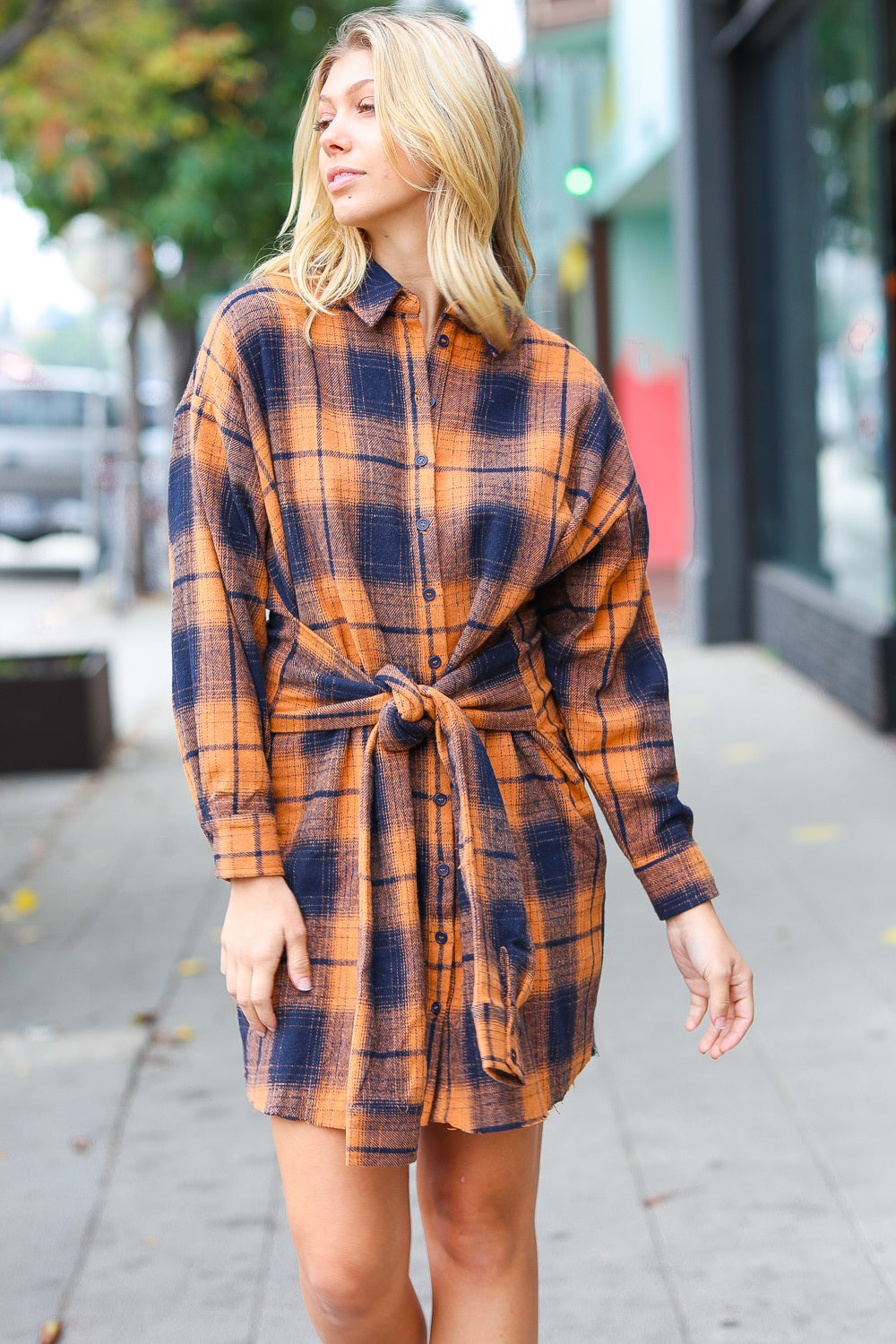 Navy & Rust Plaid Flannel Button Down Waist Tie Dress