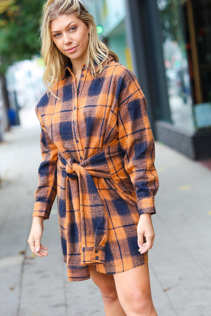 Navy & Rust Plaid Flannel Button Down Waist Tie Dress