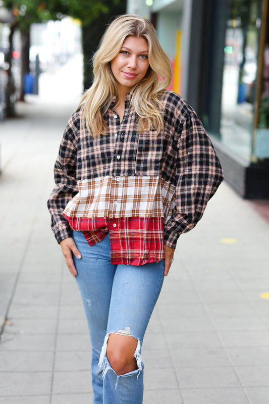 Taupe & Red Plaid Color Block Shacket