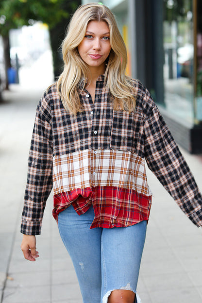 Taupe & Red Plaid Color Block Shacket