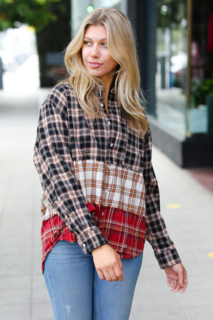 Taupe & Red Plaid Color Block Shacket