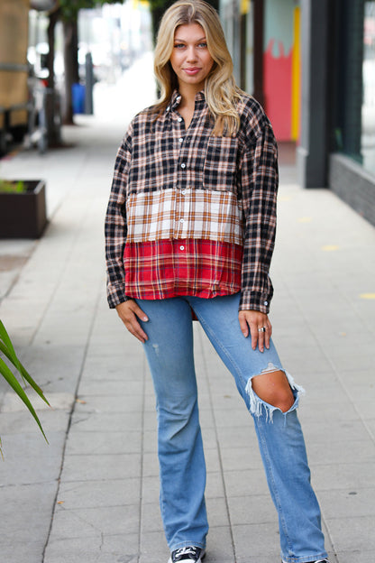 Taupe & Red Plaid Color Block Shacket