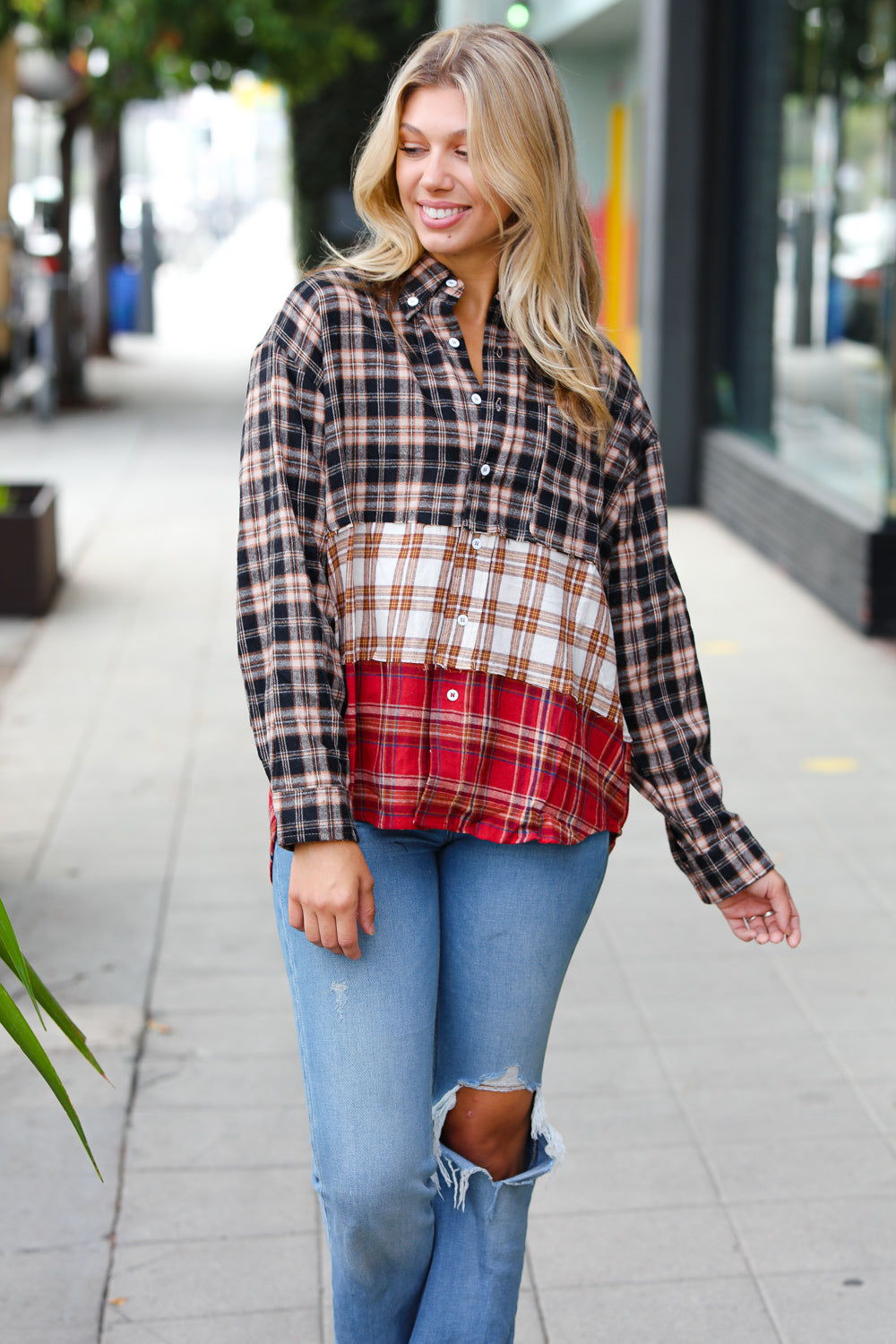 Taupe & Red Plaid Color Block Shacket