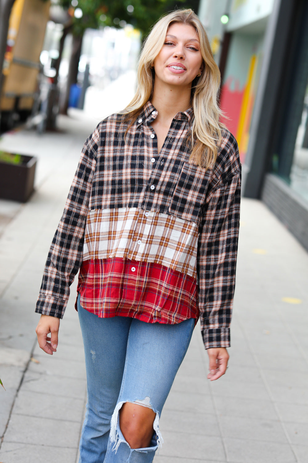 Taupe & Red Plaid Color Block Shacket