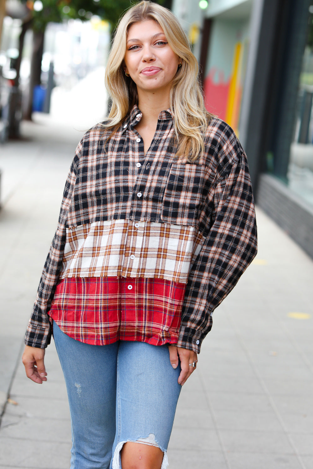 Taupe & Red Plaid Color Block Shacket