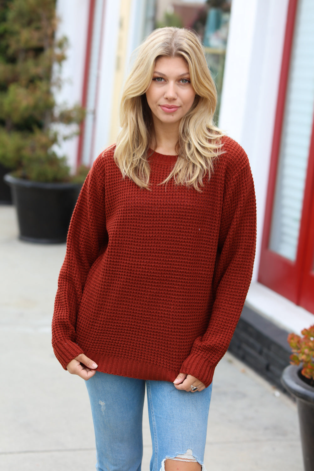 All Put Together Dark Rust Waffle Knit Hi-Low Sweater