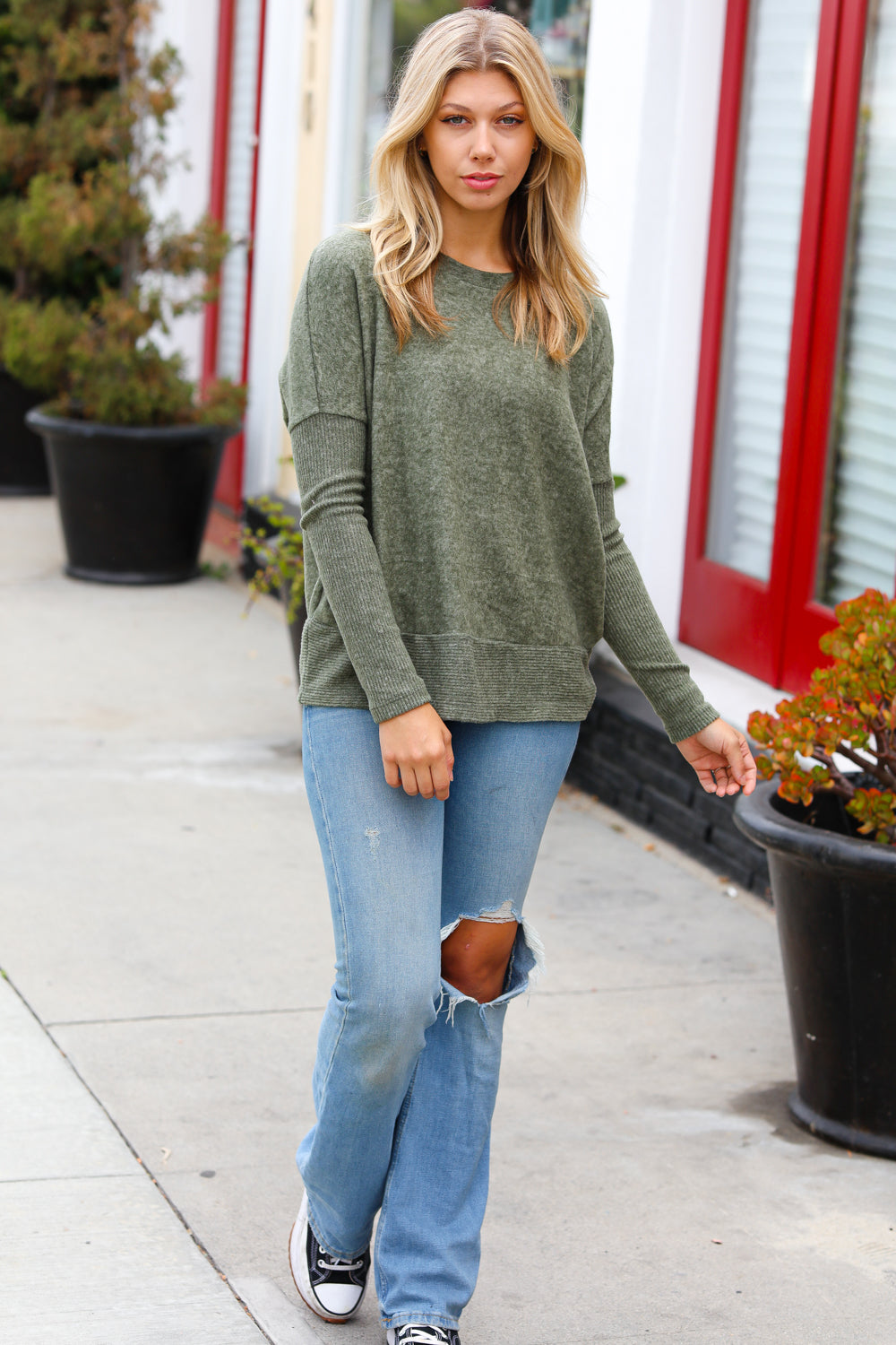 Weekend Ready Olive Melange Hacci Dolman Sweater