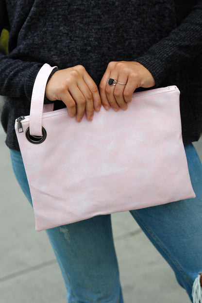 Pink Faux Leather Clutch Handle Bag