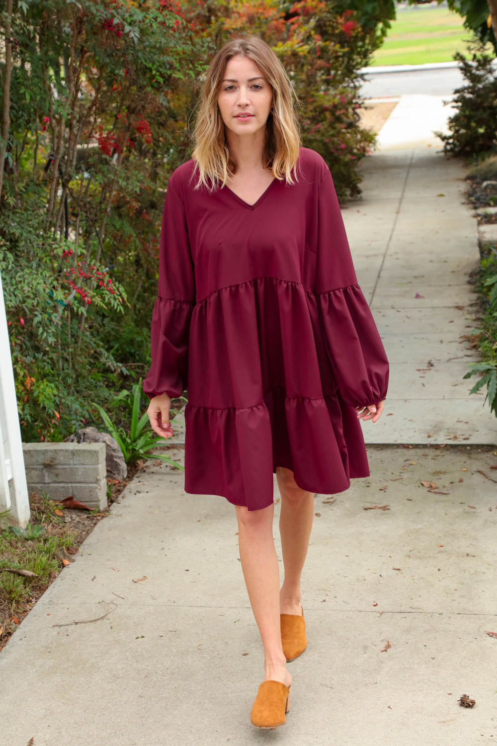 Burgundy V Neck Woven Swing Dress with Pockets