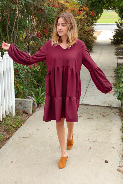 Burgundy V Neck Woven Swing Dress with Pockets