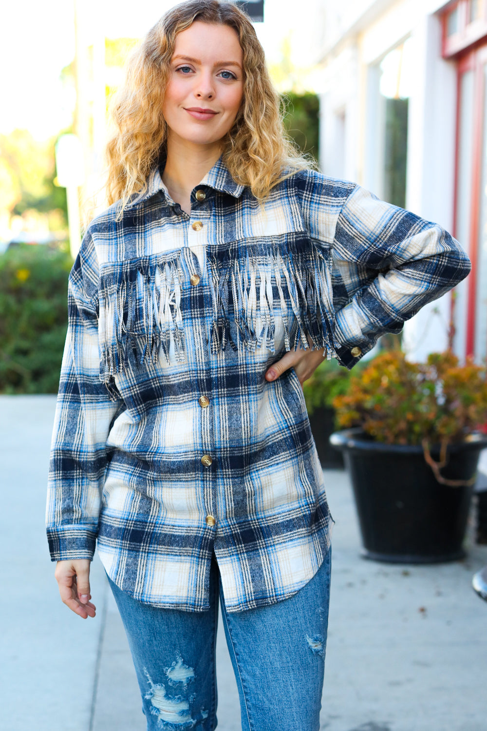 Take The Leap Navy Plaid Fringe Button Down Shacket