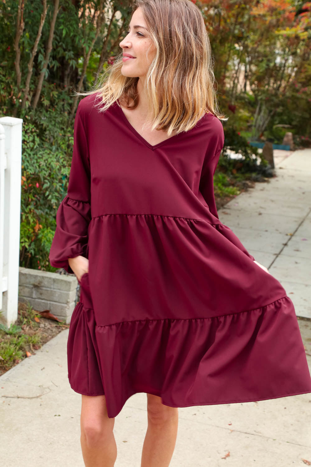 Burgundy V Neck Woven Swing Dress with Pockets