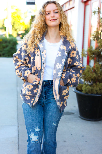 Bold Energy Plum Flower Power Sherpa Button Down Jacket