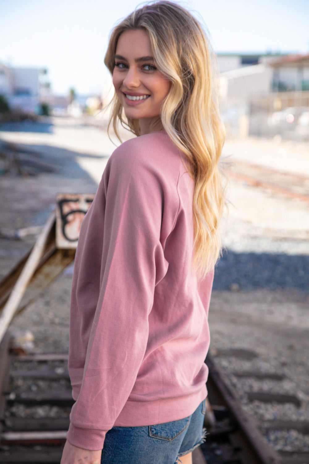 Mauve Cotton Raglan Reverse Cross Stitch Pullover