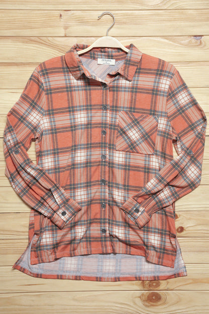 Rust Plaid Lightweight Button Up Shacket