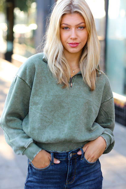 Olive Half Zip Cropped Pullover Sweater