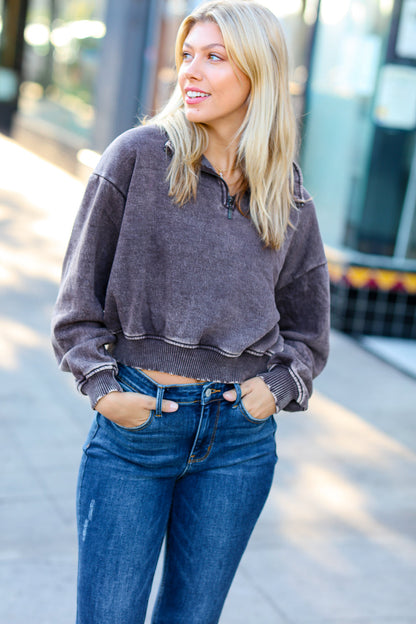 Mocha Half Zip Cropped Pullover Sweater