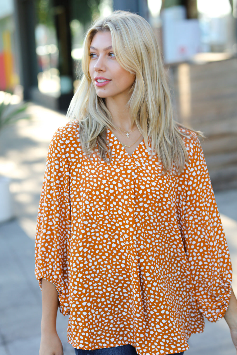 Rust Abstract Dot V Neck Woven Top