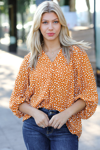 Rust Abstract Dot V Neck Woven Top