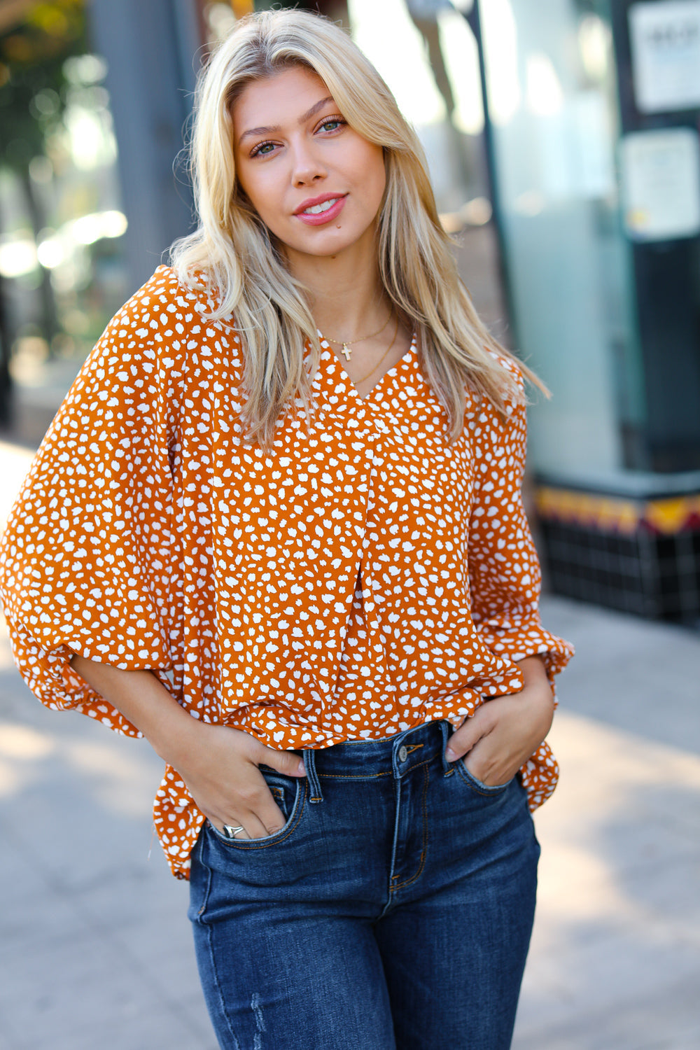 Rust Abstract Dot V Neck Woven Top