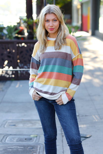 Teal & Mustard Stripe Hacci Outseam Sweater Top