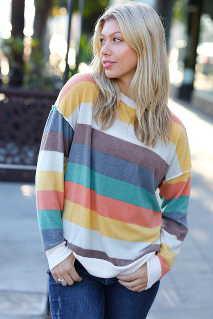 Teal & Mustard Stripe Hacci Outseam Sweater Top