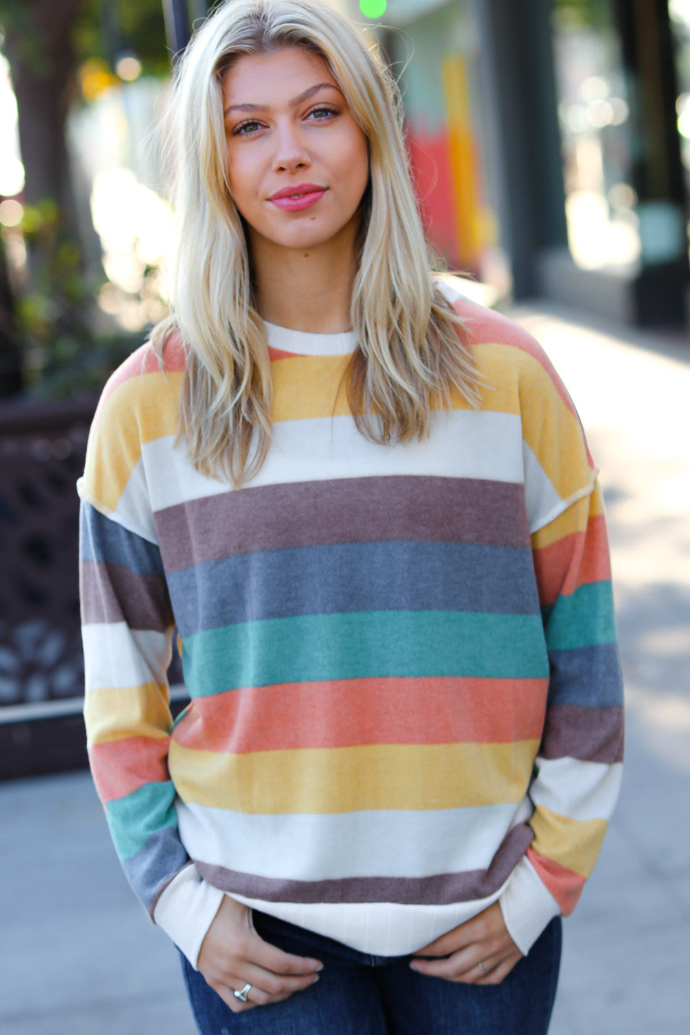 Teal & Mustard Stripe Hacci Outseam Sweater Top