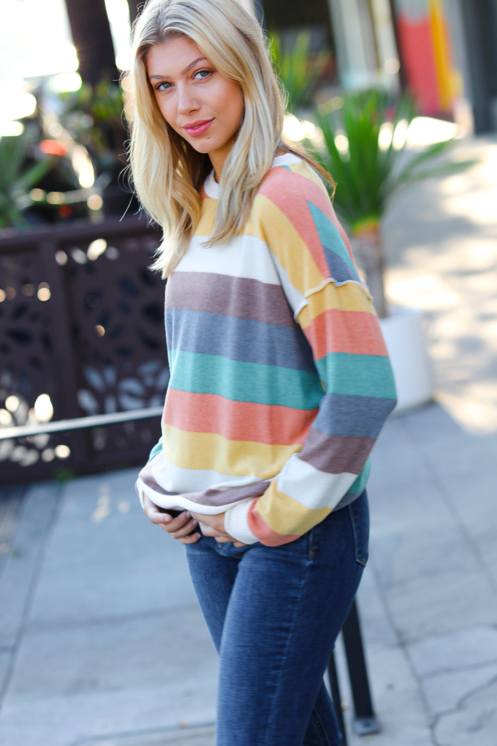 Teal & Mustard Stripe Hacci Outseam Sweater Top