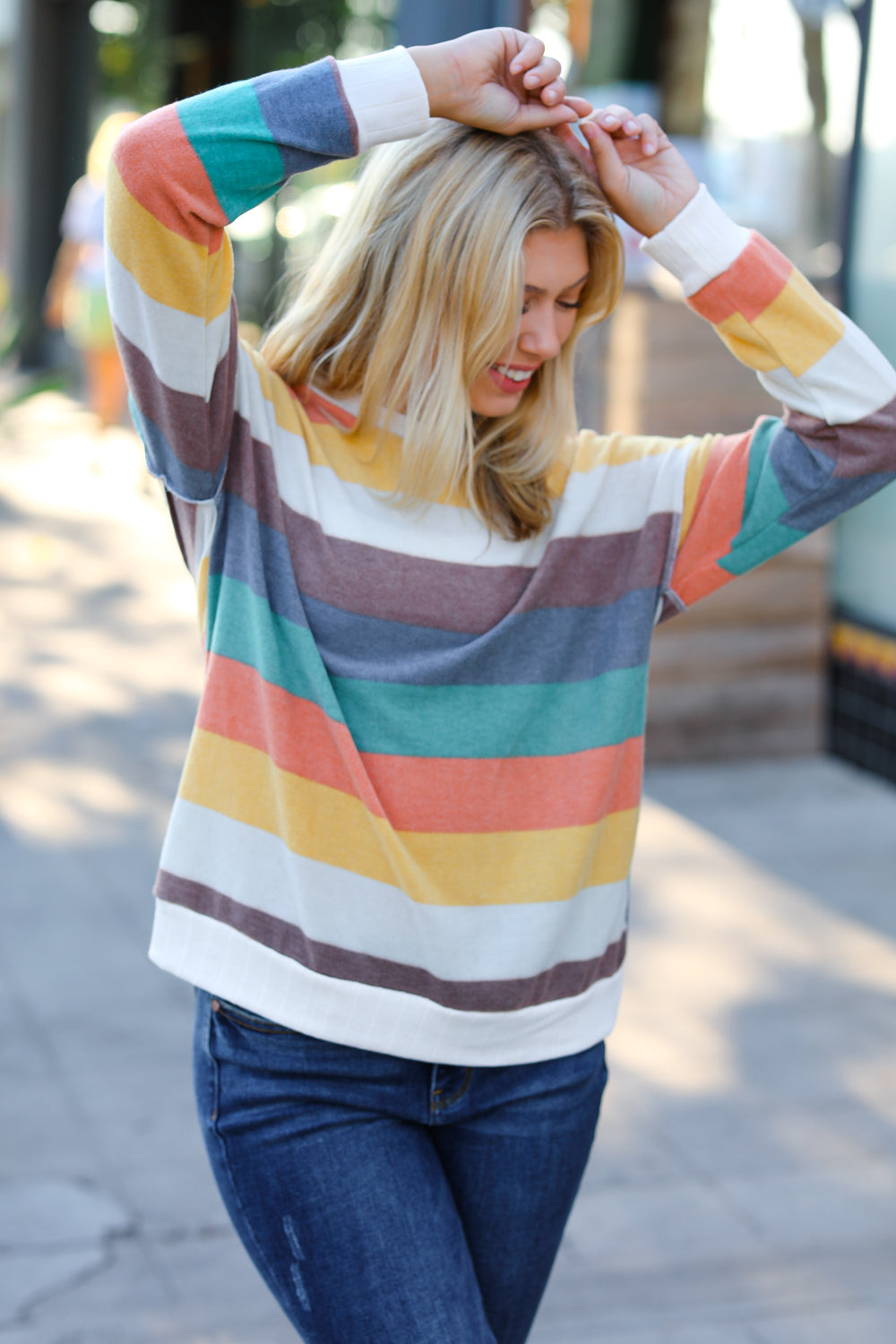 Teal & Mustard Stripe Hacci Outseam Sweater Top