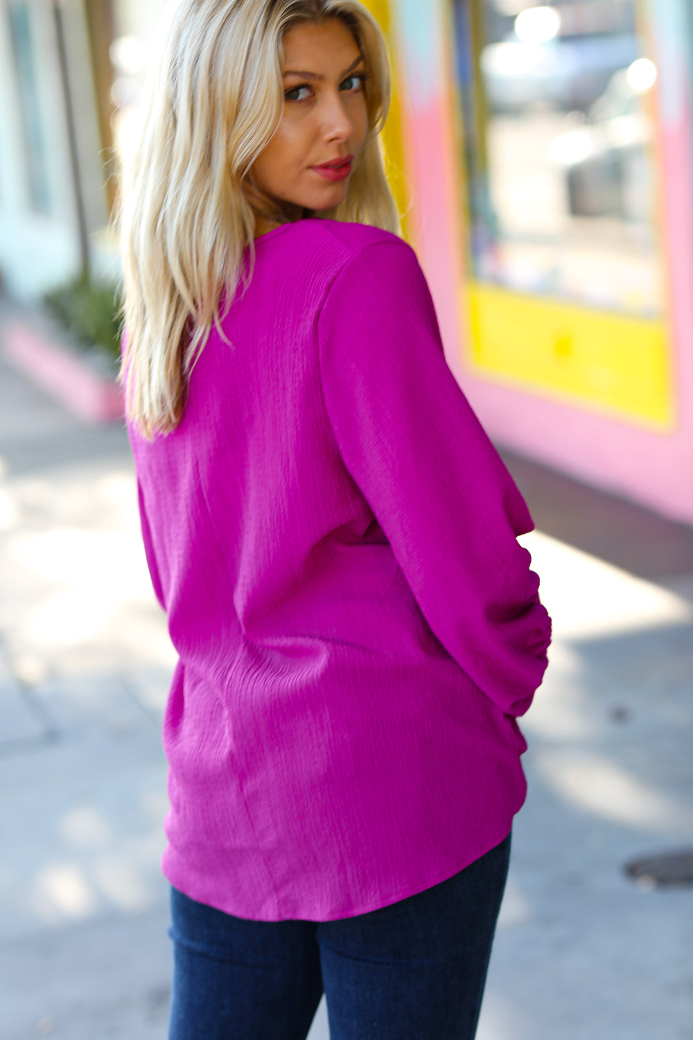 Magenta Crinkle Woven V Neck Top