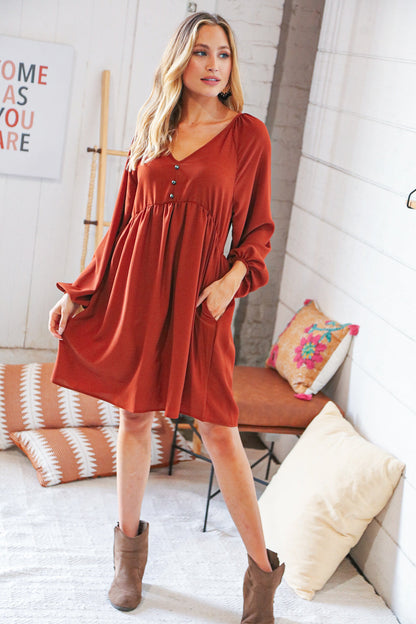 Rust V Neck Raglan Button Detail Bubble Crepe Dress