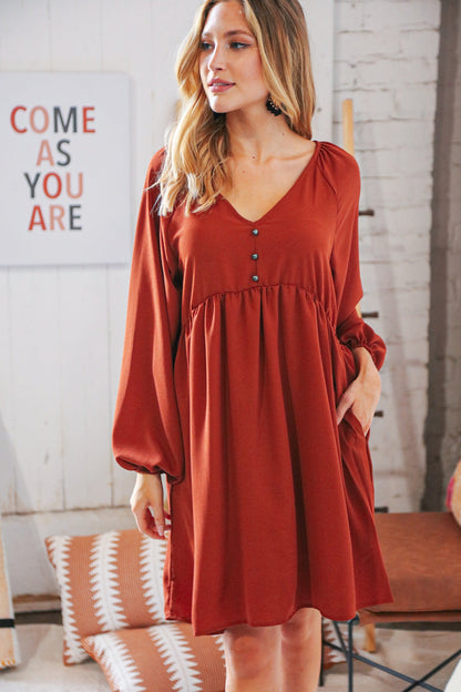 Rust V Neck Raglan Button Detail Bubble Crepe Dress