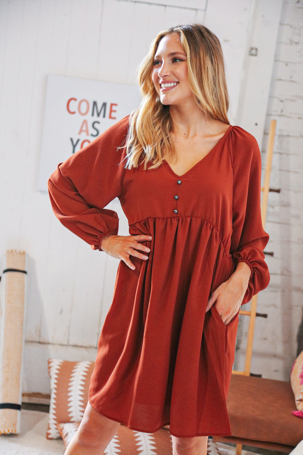 Rust V Neck Raglan Button Detail Bubble Crepe Dress