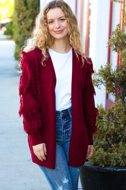 Make Your Day Burgundy Fringe Detail Open Cardigan