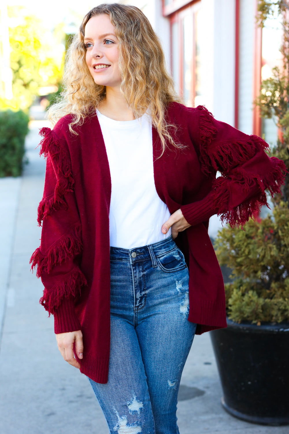 Make Your Day Burgundy Fringe Detail Open Cardigan