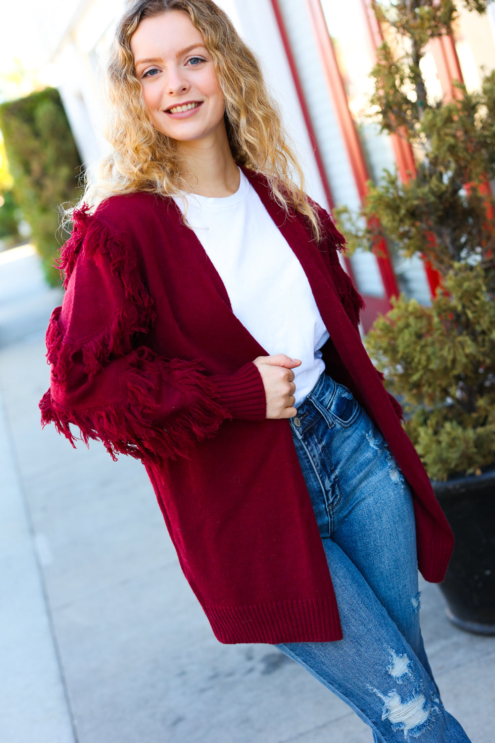 Make Your Day Burgundy Fringe Detail Open Cardigan