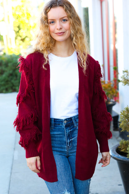 Make Your Day Burgundy Fringe Detail Open Cardigan