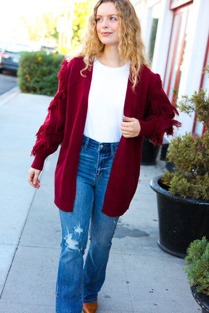 Make Your Day Burgundy Fringe Detail Open Cardigan