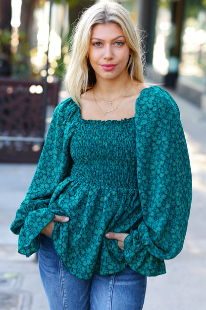 Always With You Teal Smocked Ditzy Floral Ruffle Top