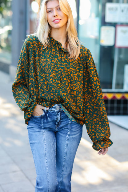 Sweet But Sassy Hunter Green Ditzy Floral Frill Neck Top