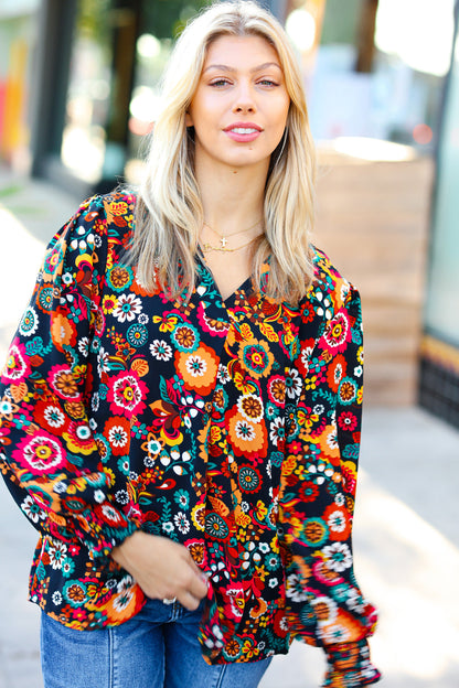 Black/Magenta Floral Ready For The Day Smocked Blouse