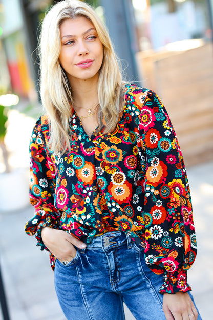 Black/Magenta Floral Ready For The Day Smocked Blouse