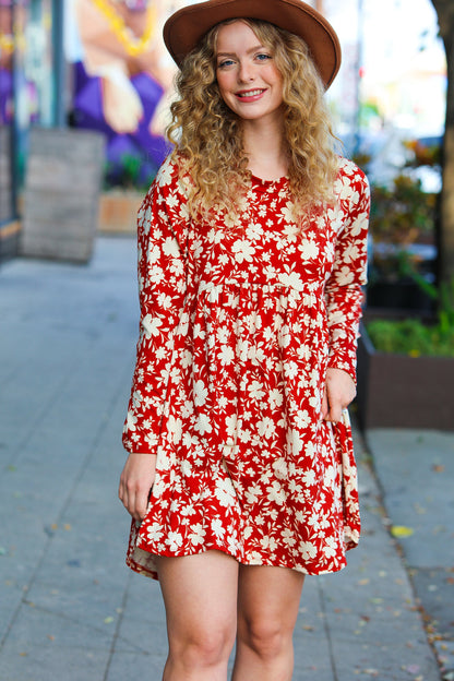 Just Be You Rust Floral Long Sleeve Babydoll Dress