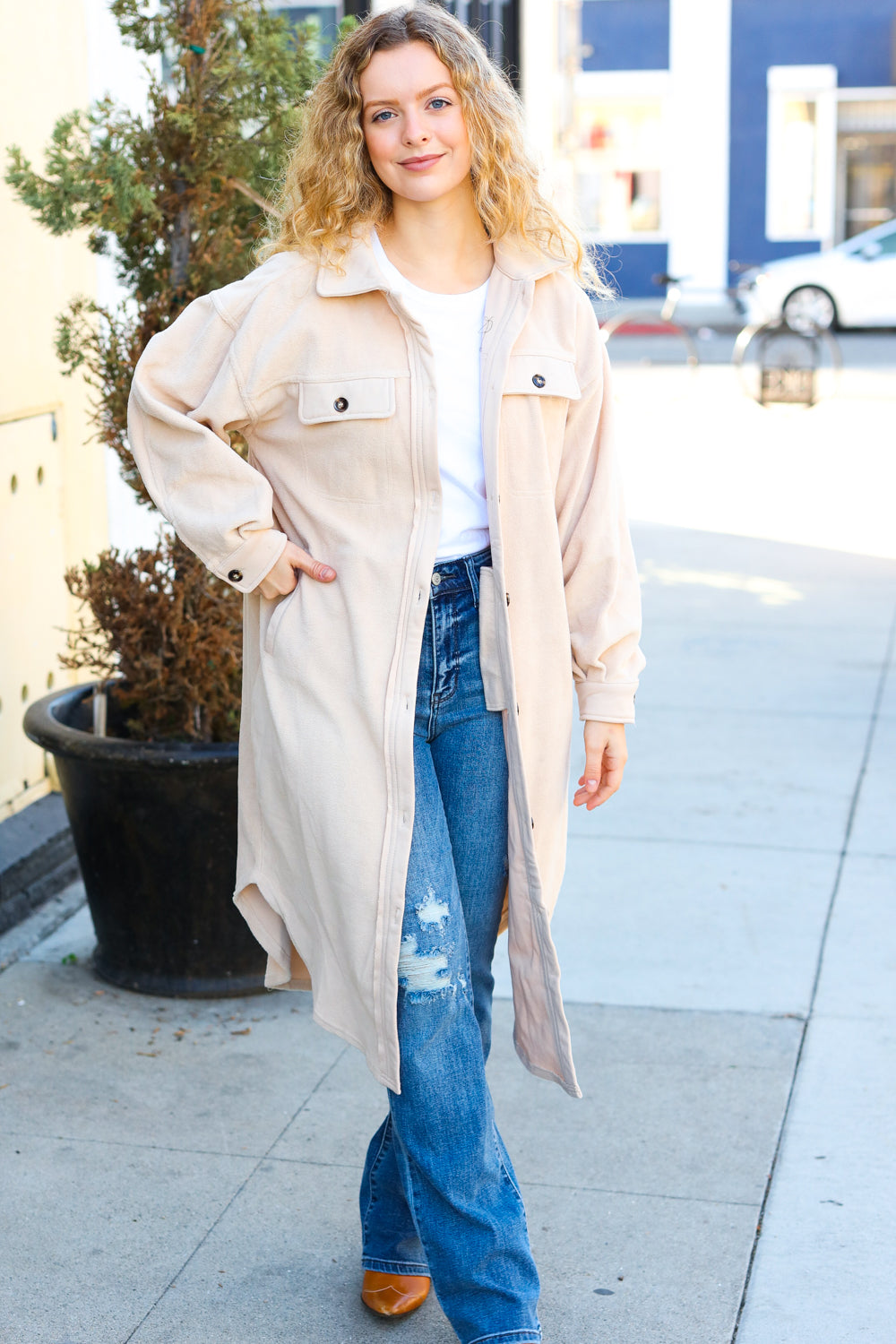 On Your Own Taupe Fleece Button Down Duster Jacket