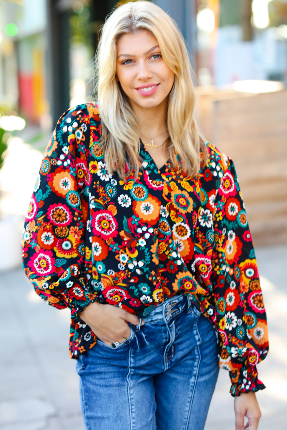 Black/Magenta Floral Ready For The Day Smocked Blouse