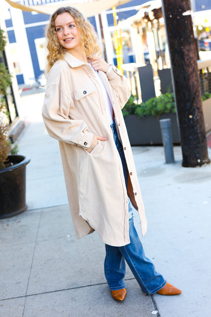 On Your Own Taupe Fleece Button Down Duster Jacket