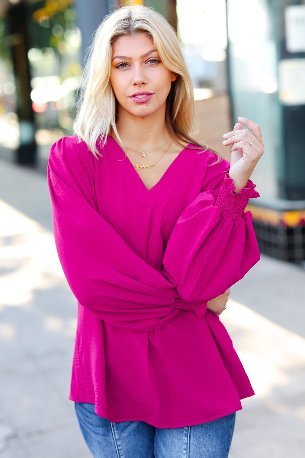 Feminine Flair Magenta Banded V Neck Smocked Top